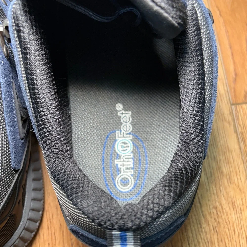 OrthoFeet Mens 12 Wide 2E Walking Shoes Blue Grey Leather Mesh 643 Sneakers EUC
